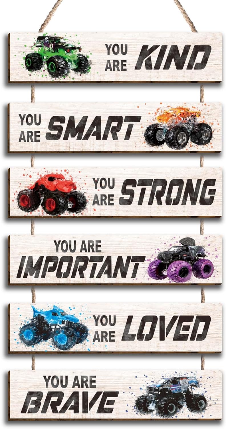 HIWERAN 6 Pcs Racing Car Decor Kids Room Decor Plaque Sign, Inspirational Racing Car Wall Art Decor for Teens Bedroom Princess Toddler Room, Works of Art Made of Wood, Works of Art of Wood, Placards of Woods - Image 1